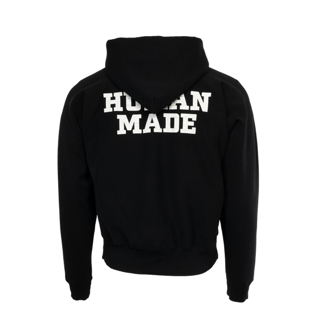 Image 2 of 4 - BLACK - HUMAN MADE Heavyweight Hoodie featuring front and back print, heart logo on sleeve, ribbed cuffs and hem and kangaroo pocket. 100% cotton.  