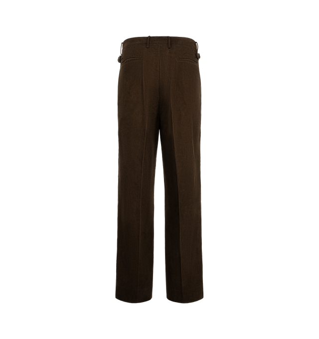 Image 2 of 3 - BROWN - Kaptain Sunshine Corduroy Mud-Dyed Shoecut Slacks are crafted from high-density cotton corduroy woven with yarns of varying counts and feature a relaxed-fit silhouette, a mid-rise waist, two front pleats, and side buckle adjusters. Dyed using an artisanal mud-dyeing process that utilizes iron-rich mud from Japan's Kyushu region, the trousers develop a rich Natural Dark Mud color through repeated dyeing and washing by skilled craftspeople. Designed with a subtle shoecut leg shape, this 