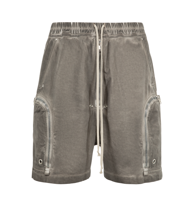 Image 1 of 3 - GREY - Rick Owens Drkshdw Men's Bauhaus Shorts are crafted from 100% cotton 13oz Lido Wash denim and feature a knee-length silhouette with a low dropped crotch. Designed with an elasticized waistband and drawstring closure, these designer shorts include side pockets, signature round Bauhaus zip pockets at the front thigh, and a webbing tab with eyelet detailing. Back jet pockets complete the utilitarian design. The medium-weight denim is overdyed and stone washed to achieve an irregular, live 