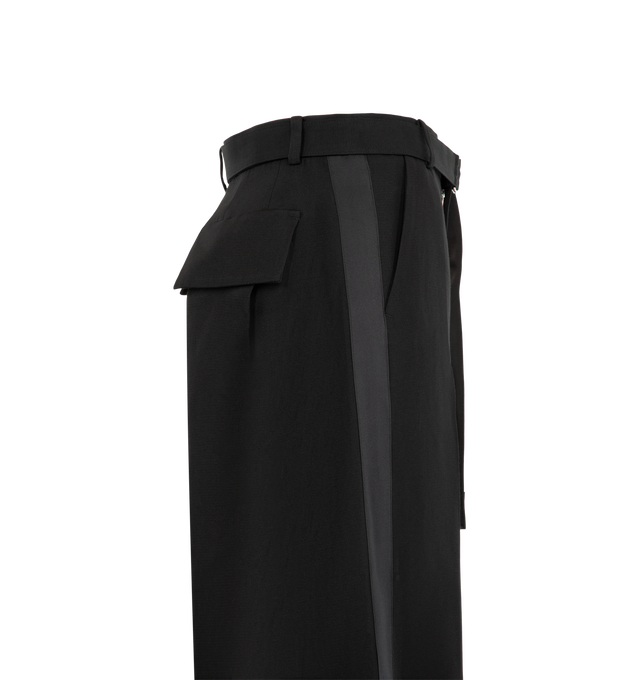 Image 3 of 3 - BLACK - Sacai Women's Double-Faced Silk Cotton Trousers feature a belt loop, a wide-leg silhouette, and a sleek integrated belt detail. Materials: 54% Silk, 45% Cotton; Liner 100% Cupro. 