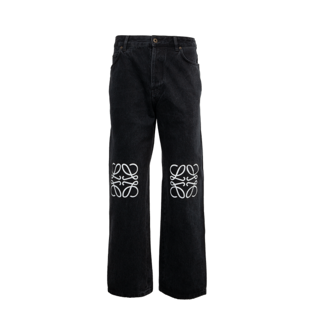 BLACK - LOEWE Anagram Baggy Jeans featuring embroidered signature anagram logos at the knees, five-pocket style, zip fly and button closure. 89% cotton, 6.5% polyester, 4.5% leather. Made in Italy.