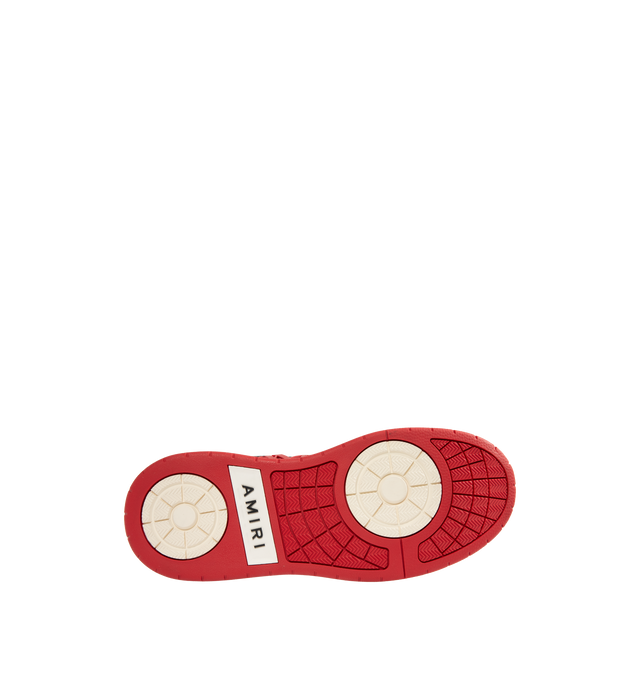 Image 4 of 5 - RED - AMIRI Classic Low Sneakers featuring low-top, buffed leather, graphic perforated detailing throughout, logo bonded at padded tongue, padded collar, rubberized logo appliqu at sides, logo bonded at heel counter and treaded rubber sole. Upper: leather. Sole: rubber. 
