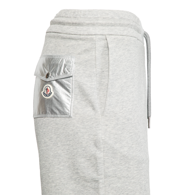 Image 3 of 3 - GREY - MONCLER Logo Shorts featuring waistband with drawstring fastening, laminated embossed logo and nylon patch pocket. 87% cotton, 13% polyamide/nylon. Made in Turkey. 