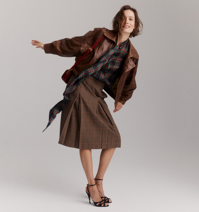 Image 4 of 5 - MULTI - SAINT LAURENT Lavallire Blouse in tartan silk charmeuse featuring a lavallire tie, concealed front button closure, lavallire neck, one-button mitered cuffs and curved hem. 100% silk. Made in Italy. 