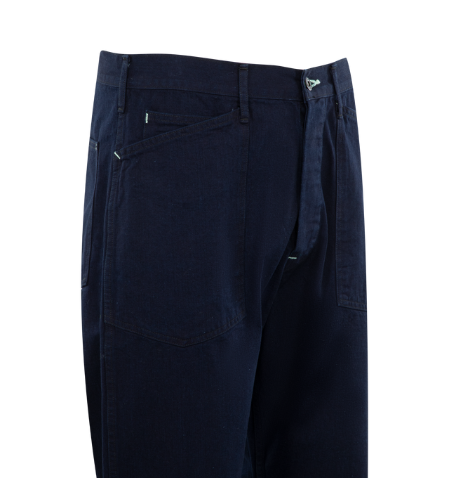 Image 3 of 3 - BLUE - POST O'ALLS Army Pant featuring button zip front closure, belt loops, full length, front patch pockets and back patch pockets. 65% cotton, 35% polyester. 