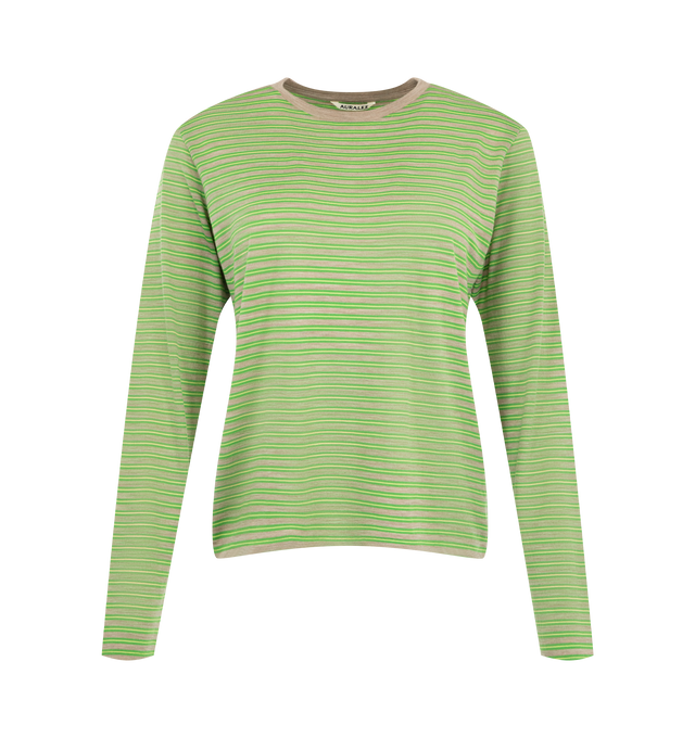 Image 1 of 2 - GREEN - Auralee Women's Soft Smooth Wool Stripe Long-Sleeve T-Shirt is crafted from 15.5-micron merino wool jersey and features a multicolored striped design. The fabric has a natural sheen with an exceptionally smooth, soft, and fluid hand. Cut in a regular fit. Main Material: 100% Wool. 