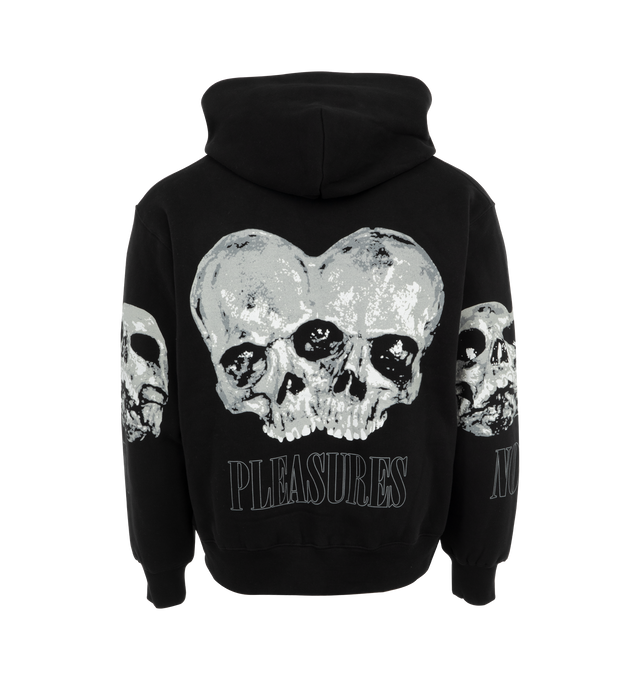 Image 2 of 4 - BLACK - Pleasures Double Skull Hoodie has an attached hood, dropped shoulders, a kangaroo pocket, ribbed trims, and a graphic screen printed design. 65% cotton, 35% polyester.  