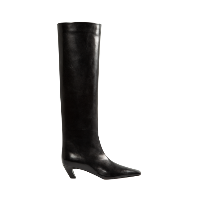 Image 1 of 4 - BLACK - Khaite Women's Knee-High Boot is crafted from smooth calfskin and features a streamlined silhouette with a modern square toe. Designed without closures for effortless pull-on wear, this Italian-made style balances clean lines with timeless versatility and is finished with a stacked heel for everyday comfort. Main Material: Calf Leather. Upper: Smooth Calfskin. Closure: Pull-On. Toe: Square. Heel Height: 5 cm / 2 in. Includes Dust Bag. Made in Italy. 