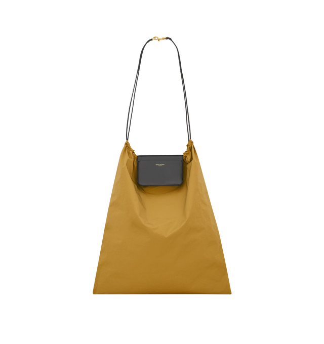 Image 1 of 5 - YELLOW - SAINT LAURENT Foulard Folding Pouch in nylon and leather featuring modular supple pouch with a drawstring carabiner shoulder strap, logo embossed flap with front pocket, viscose lining, bronze-tone hardware, snap-button and drawstring closures, one card slot and one flat pocket at the front. 16.5" x 18.9" x 0.2". Nylon, canvas, calfskin, cotton. Made in Italy. 