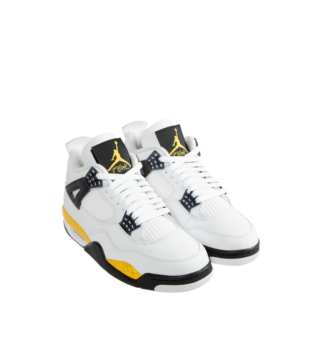 Image 2 of 5 - YELLOW - Air Jordan 4 Retro "Tour Yellow" Sneakers are crafted from premium leather and feature a white upper accented by a speckled Tour Yellow midsole, with Black and Dark Blue Grey details. Designed with the iconic AJ4 basketball silhouette, they are finished with Jumpman heel branding, a foam midsole, Nike Air and Max Air cushioning, and a durable rubber outsole. Main Material: Leather. Sole: Rubber. Cushioning: Nike Air and Max Air. Made for men. 