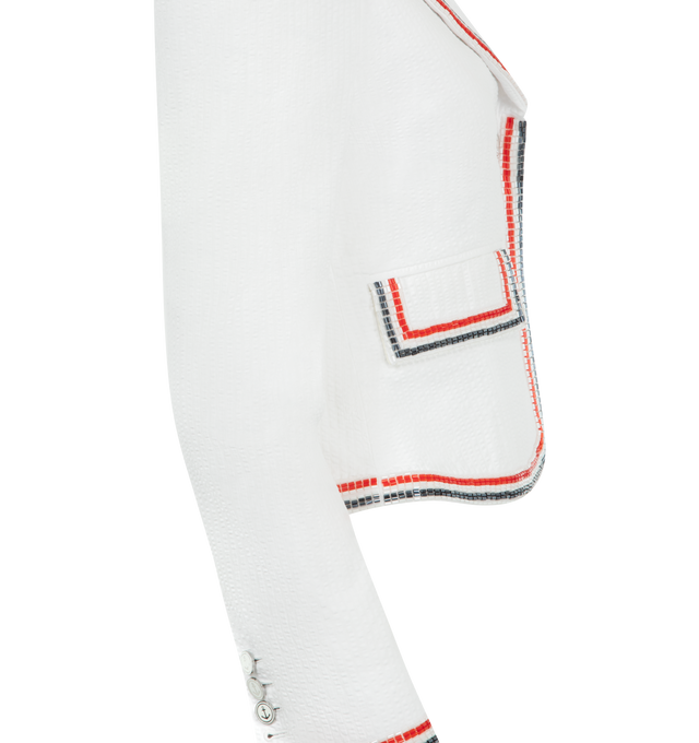 Image 3 of 3 - WHITE - THOM BROWNE Solid Seersucker Cropped Jacket featuring front button closure, button-down point collar, patch chest pocket, button-fastening self armbands, contrast buttoned French cuffs, pleated back yoke with locker loop, curved hem, name tag appliqu, signature striped grosgrain loop tab and classic fit. 100% cotton. Lining: 100% cupro. Made in Italy. 