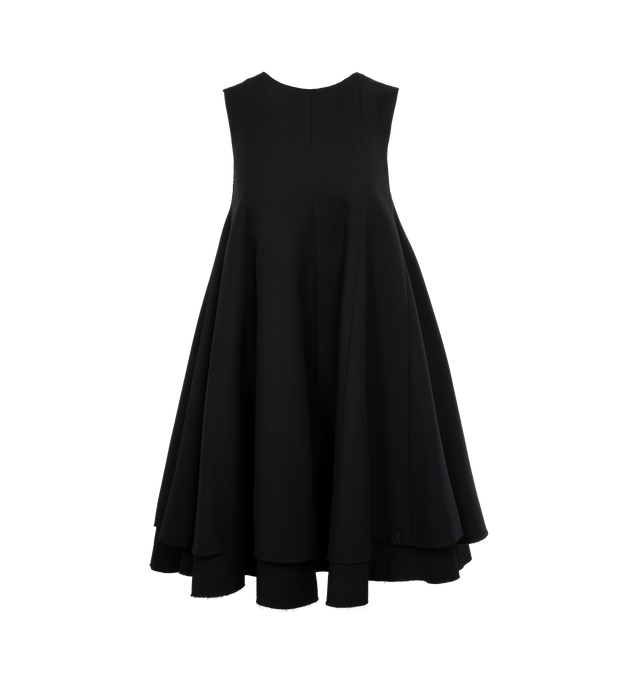 Image 1 of 4 - BLACK - LOEWE DOUBLE LAYER DRESS is a double layer dress crafted in medium-weight silk and wool crepe with a regular fit, short length, layered construction, pleated volume silhouette, round neck, invisible zip back fastening, seam pockets, raw edges and anagram embossed leather tab at the hem.  100% cotton, 51% silk, 44% wool, 5% calfskin leather 