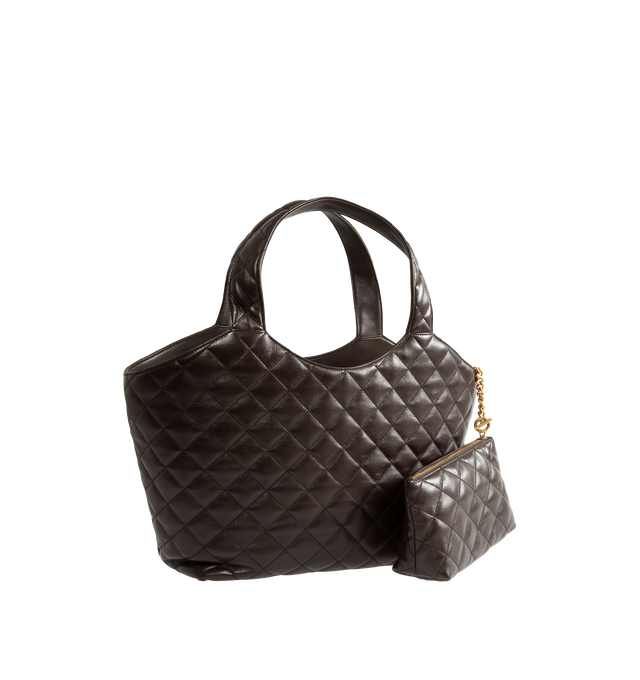 Image 2 of 3 - BROWN - Saint Laurent Womens Icare Medium Tote Bag is crafted from quilted nappa leather. Features dual top handles, open-top design, signature CASSANDRE hardware, leather lining, one removable zip pouch, and one interior zip pocket. Dimensions: 46  28  15 cm; Handle Drop: 20 cm. Main Material: Nappa Leather; Lining: Leather; Hardware: Bronze-Tone Metal. Made in Italy. 