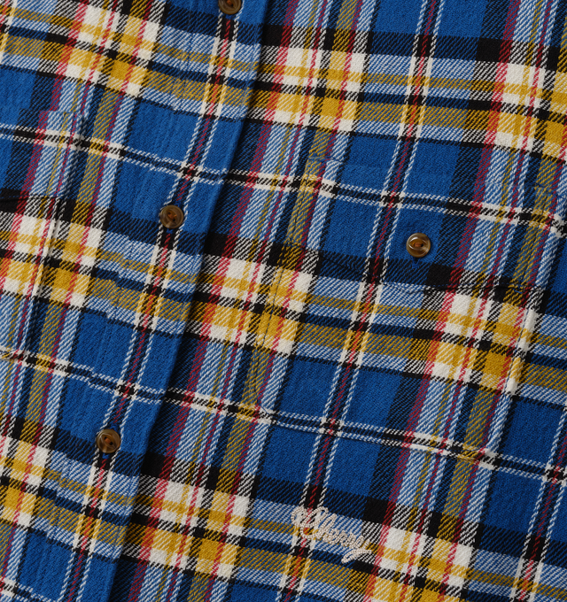 Image 3 of 6 - BLUE - Cherry LA Plaid Classic Shirt is crafted from cotton and features a custom brushed plaid pattern, a relaxed-fit silhouette, and classic Western-inspired detailing. Designed with embroidery beneath the wearer's left chest pocket and finished with four-hole cat-eye buttons, this versatile shirt combines heritage influences with everyday comfort. Main Material: Cotton. 