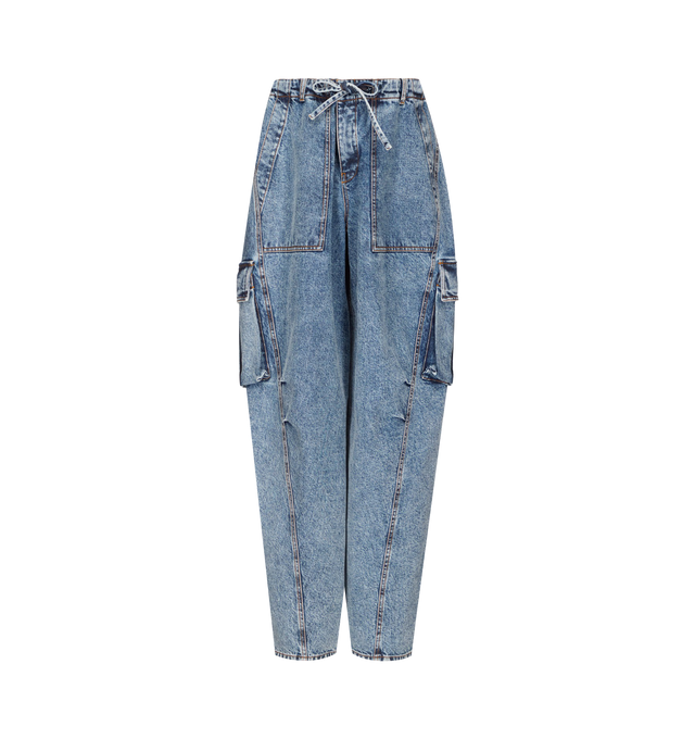 Image 1 of 1 - BLUE - Azzedine Alaia Denim Cargo Pants are made in snow denim with barrel leg, low waist with zip fly and silver hardware. They have side seam pockets, welt back pockets and side cargo pockets with flap, complete with twisted topstitchings. Material: 99% Cotton, 1% Polyurethane, Lining: 65, Polyester, 25% Cotton. Made in Italy. 
