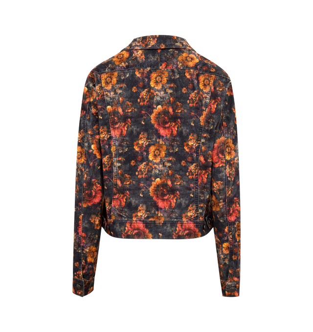 Image 2 of 3 - MULTI - R13 Floral Skinny Trucker Jacket featuring spread collar, front button placket, chest buttoned patch pockets, single button cuffs, adjustable waist tabs and floral print throughout. 98% cotton, 2% polyurethane. 
