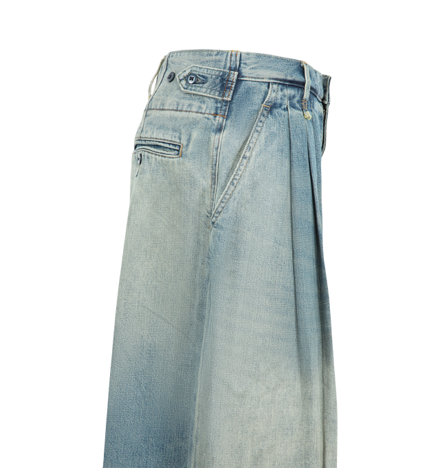 Image 3 of 3 - BLUE - R13 Women's Triple Pleated Wide Leg Jeans are crafted from nonstretch cotton denim and feature a faded medium wash with dramatic pleated detailing that enhances the wide-leg silhouette. Designed to make a statement while maintaining everyday versatility, this Italian-made style is finished with classic golden topstitching, adjustable waist tabs for a customizable fit, a zip fly with button closure, front slant pockets, a back patch pocket, and a back button-welt pocket. Main Material:  