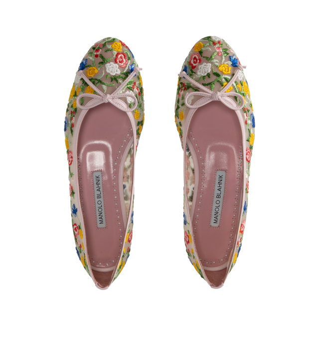 Image 4 of 4 - MULTI - Manolo Blahnik Verdino Mesh Floral Embroidered Ballerina Flats crafted with 100% mesh upper, 100% calf leather sole, 100% kid leather lining. Heel measures 10 mm. Made in Italy. 