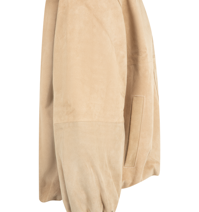 Image 3 of 3 - BROWN - NAHMIAS Suede Cocoon Jacket featuring elastic hem and sleeves, zip closure, classic collar and welt side pockets. 100% leather. 