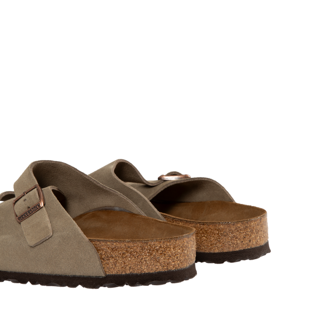 Image 3 of 4 - BROWN - BIRKENSTOCK Zurich Sandal featuring dual straps at vamp with adjustable metal pin buckle, anatomically shaped cork-latex footbed, pronounced arch support, roomy toe box and regular fit. Suede upper with EVA sole. 