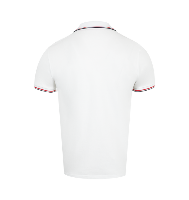 Image 2 of 2 - WHITE - MONCLER Tricolor-Trimmed Polo Shirt featuring organic cotton piquet, tricolor knit collar and cuffs, short sleeves, button closure and logo patch. 100% cotton.  