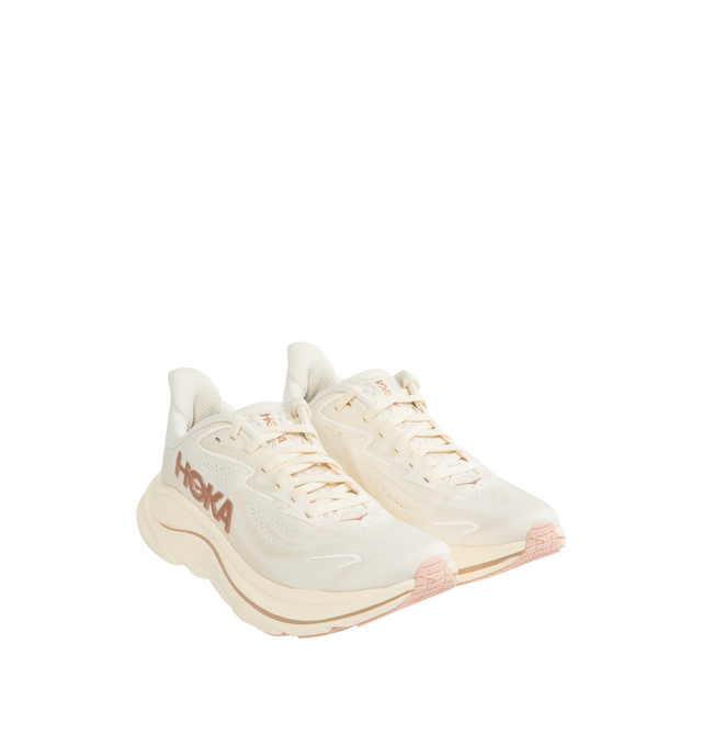 Image 2 of 5 - WHITE - HOKA Clifton 10 Sneaker featuring jacquard knit, reflective upper details, smooth MetaRocker, rearfoot-focused Active Foot Frame, CMEVA midsole, molded EVA sockliner and inherently durable abrasion rubber. 