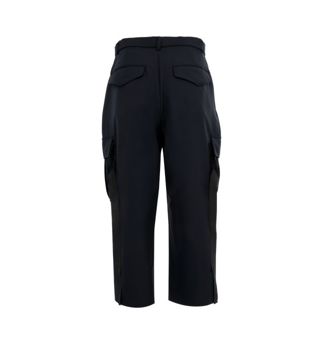 Image 2 of 3 - NAVY - SACAI Suiting Pants featuring adjustable belted waist, high rise, side slip pockets, back flap pockets and cargo flap pockets. Made in Japan. 