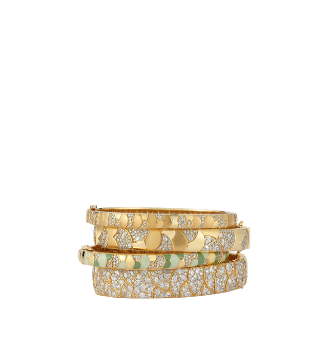 Image 2 of 2 - GOLD - RENNA Slim Aegean Cuff featuring 18k gold cuff adorned with a stunning scale motif. The intricate design features a mix of textures, with some scales in matte finish, some in high polish, and other adorned with shimmering diamonds.  