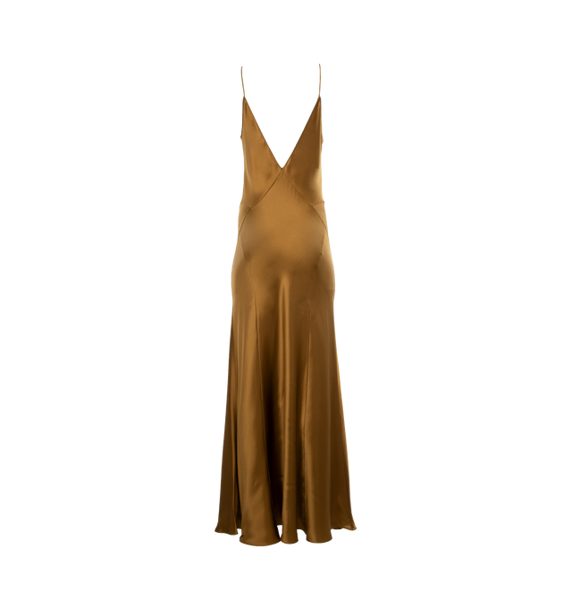 Image 2 of 3 - BROWN - SAINT LAURENT V-Neck Dress featuring slip dress, plunging v neck and back and spaghetti straps. 100% silk.  