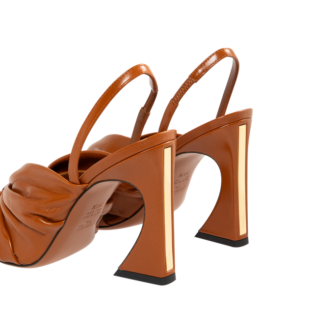 Image 3 of 4 - BROWN - FENDI Arco Slingbacks featuring almond-shaped toe, soft elasticized strap, double band gathered into a bow, sculpted high-heel covered in tone-on-tone nappa leather and gold-color metal bar engraved with the Fendi logo. Heel height: 95mm. 100% lambskin, inside: 100% calfskin. Made in Italy. 