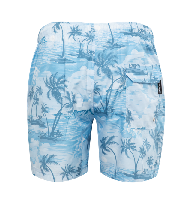Image 2 of 3 - BLUE - PALM ANGELS men's blue swim shorts with sunset print and small palm angels lettering, elastic waistband, white drawstring and flap pocket on the back. 100% polyester.  