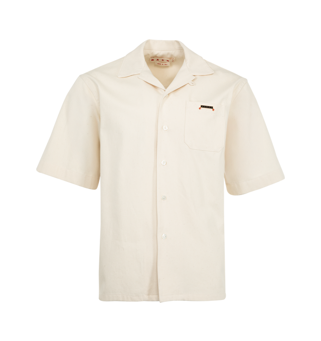 Image 1 of 2 - WHITE - MARNI Denim Shirt featuring short-sleeved bowling shirt made from light coloured cotton denim with relaxed fit and chest pocket with logo plaque. 100% cotton. Made in Italy. 