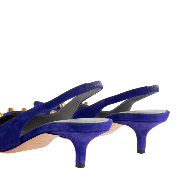 Image 3 of 4 - PURPLE - Balenciaga Women's 45 Studded Suede Pumps are crafted from supple suede and feature a sharply pointed toe outlined with polished gold-tone studs for a bold, signature finish. Designed with a sleek silhouette that balances elegance and edge, this Italian-made style is finished with a leather insole and sole for lasting comfort and refinement. Heel Height: 44mm / 1.8 inches. Main Material: Suede Leather. Sole: Leather Insole and Sole. Toe: Pointed. Hardware: Gold-Tone Studs. Made in It 