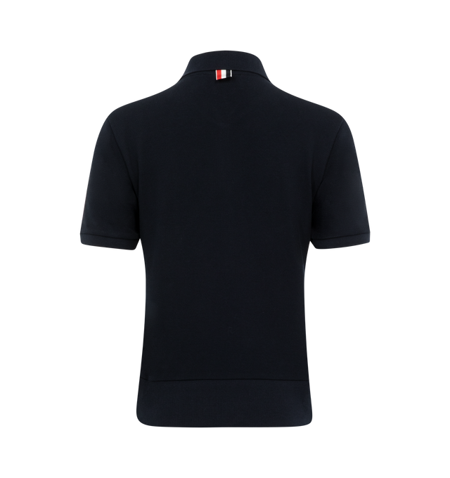 Image 2 of 2 - NAVY - THOM BROWNE Embroidered Polo featuring classic piqu with ribbed cuffs, embroidered Hector and roses, short sleeves, polo collar, partial button placket, and signature striped grosgrain loop tab at back of neck. 100% cotton. Made in Italy. 