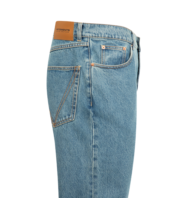 Image 3 of 3 - BLUE - VETEMENTS O Leg Jeans featuring belt loops, five-pocket styling, zip fly and straight fit. 100% cotton.  