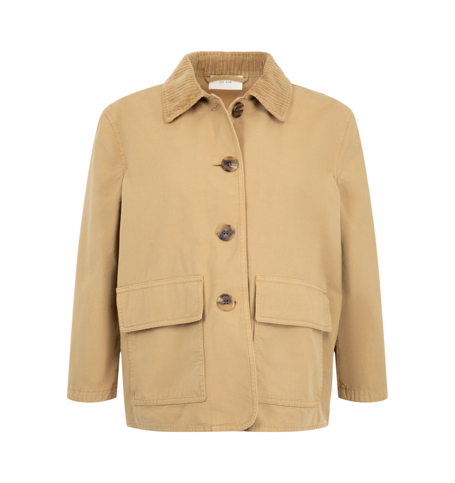 Image 1 of 2 - NEUTRAL - The Row Women's Benka Jacket is crafted from structured cotton canvas and features a cropped chore jacket silhouette, a tonal corduroy collar, front flap patch pockets, and exposed horn button closures. Designed with a shrunken fit and three-quarter-length sleeves, this utilitarian style is finished with a robust canvas exterior and a softly textured corduroy interior for added comfort. Main Material: 100% Cotton. Fit: Shrunken. Length: Cropped. Sleeves: Three-Quarter Length. Collar 