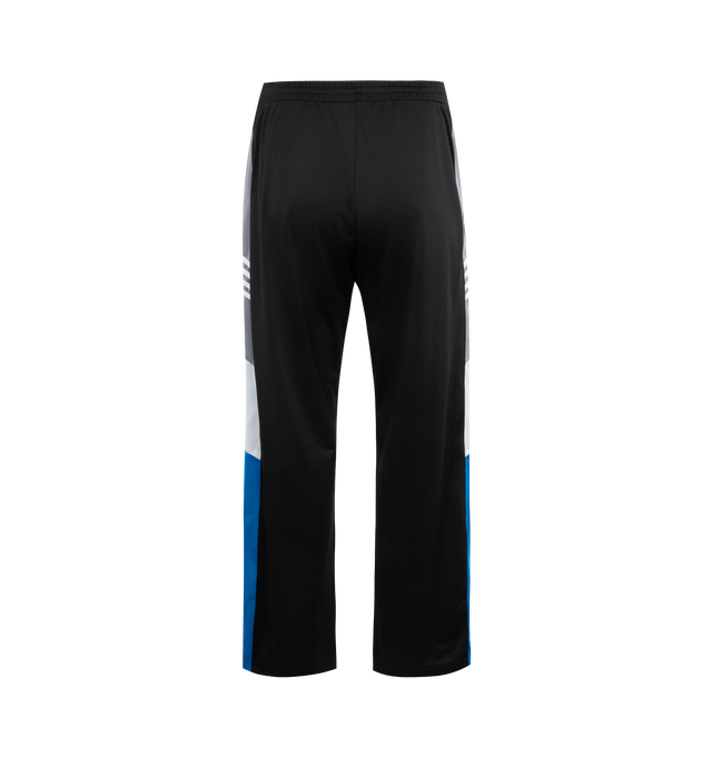 Image 2 of 3 - BLACK - MARTINE ROSE Wide Leg Track Pant in black with contrasting blue, white and grey panel details. Featuring embroidered Martine Rose logo at the front, an elasticated waistband and 2 side pockets. 100% polyester. Unisex style in Men's sizing.  