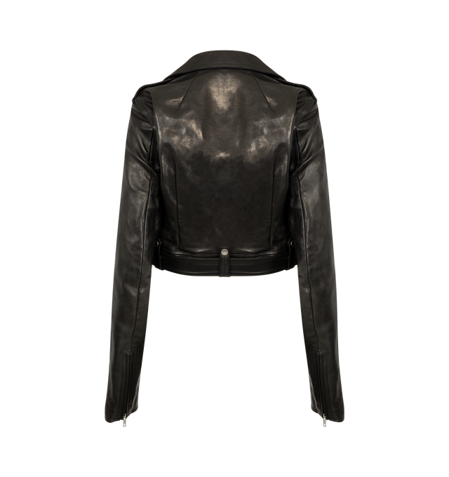 Image 2 of 3 - BLACK - RICK OWENS Cropped Luke Stooges Jacket featuring waist-length style, double-breasted front with an off-center zipper, wide collar and lapels with snap details, long sleeves with zip openings at the wrists, zipped pocket on the left forearm, a zippered jet pocket on the chest, shoulder epaulettes with snaps and a detachable belt that runs through loops at the back waistband and fastens with two D-rings. 100% leather. 