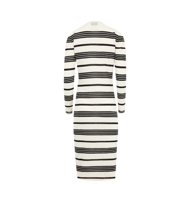 Image 2 of 3 - WHITE - MONCLER Stripe Long-Sleeve Midi Dress featuring an embellished crew neckline, long sleeves, tonal logo patch at left sleeve, bodycon fit, hem falls below the knee and slipover style. Cotton/nylon/polyamide/viscose. 