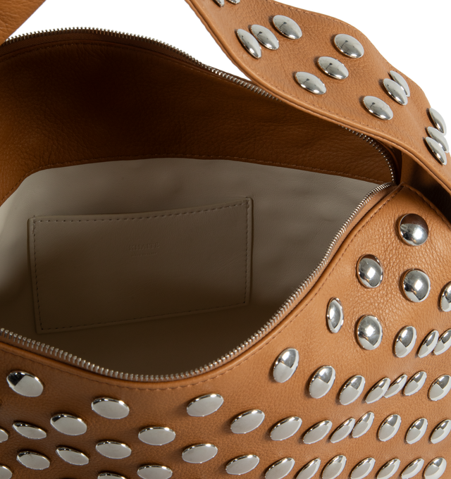 Image 3 of 3 - BROWN - KHAITE Elena Bag with Studs featuring classic box shape, zip-top silhouette, studded in silver discs and lined in nappa leather, with slip pocket. 11 x 3.5 x 7.5 in. Handle drop: 6.5 in. 100% calfskin, brass. 