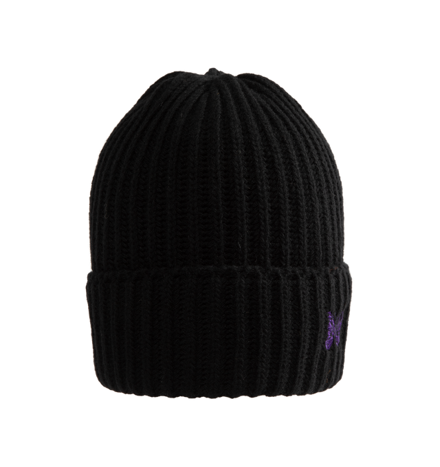 Image 1 of 3 - BLACK - Needles Watch Cap is crafted from Shetland wool and features a classic watch cap silhouette with the brand's signature embroidered Papillon motif at the front. Designed for warmth and everyday wear, the soft yet durable knit benefits from the natural insulating properties of Shetland wool, which helps retain heat while remaining comfortable. Main Material: 100% Wool. Made in Japan. 