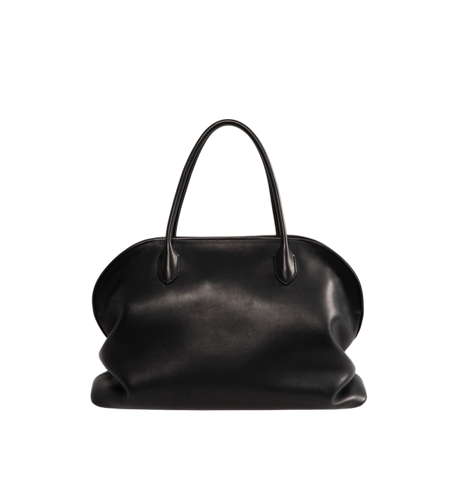 Image 1 of 3 - BLACK - The Row Agnes 15 Bag is crafted from a smooth calfskin leather and features a softly structured top-handle silhouette with tubular handles, gusseted side folds, a curved top zip closure, and a flat base. This designer leather handbag combines exceptional Italian craftsmanship with a spacious, minimalist design, while the naturally finished, metal-free tanned calfskin offers an exceptionally soft touch. Main Material: 100% Calfskin Leather. Lining: 100% Lambskin Leather. Dimensions: 17 
