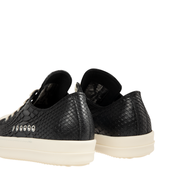 Image 3 of 5 - BLACK - RICK OWENS Extreme Low Sneakers featuring low top, python leather, signature elongated tongue, lace closure, side signature eyelet details, rubber sole and calfskin toe cap. Made in Italy. 