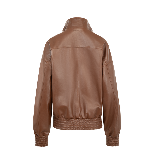 Image 2 of 3 - BROWN - BALENCIAGA High Collar Blouson featuring smooth light lambskin, high stand collar, front two-way zip closure, 2 snap-flap chest pockets, 2 side pockets, elasticated trims and debossed Balenciaga logo at the upper black. Lambskin. Lining: 100% viscose. Made in Italy. 