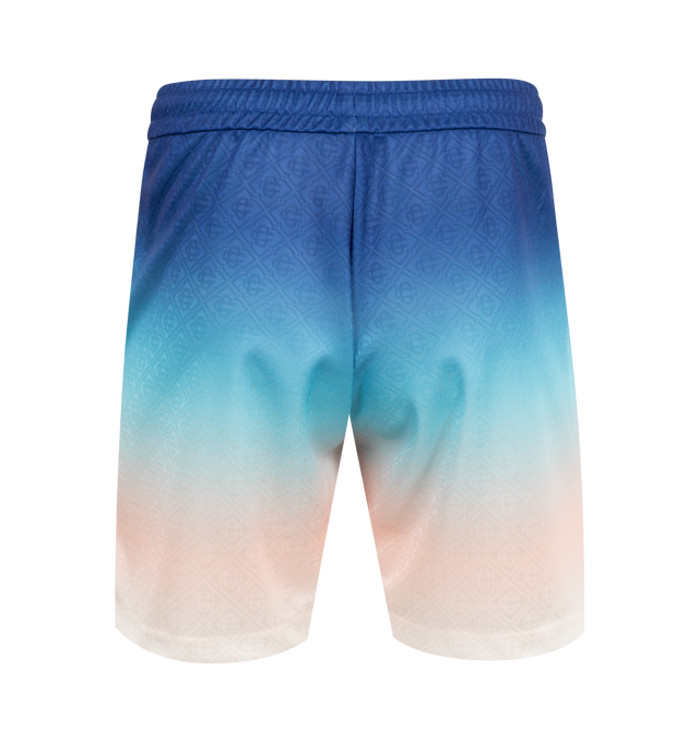 Image 2 of 3 - BLUE - Casablanca Football Shorts have an elastic drawstring waistband, side pockets, a brand signature logo design down the side, and a gradient color theme. 100% polyester. Made in Portugal.  