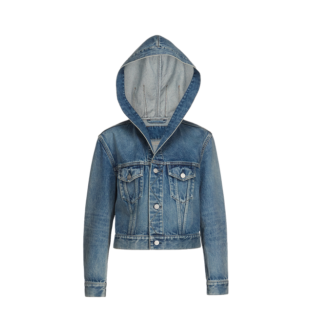Image 2 of 2 - BLUE - Azzedine Alaa Womens Hooded Trucker Jacket is crafted from hand-sand washed denim. Features a hooded neckline, raglan sleeves, button-front placket, front flap pocket, side seam pockets, and elasticated ruched side bands. Main Material: 100% Cotton. Made in Japan. 