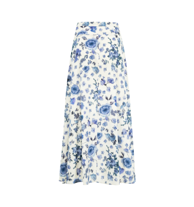 Image 2 of 2 - BLUE - Isabel Marant long stretch silk rose print skirt with fitted waistband, hidden zipper in back, slit in front, flared cut and asymmetrical length. 91% silk, 9% elastane. Made in Romania. 