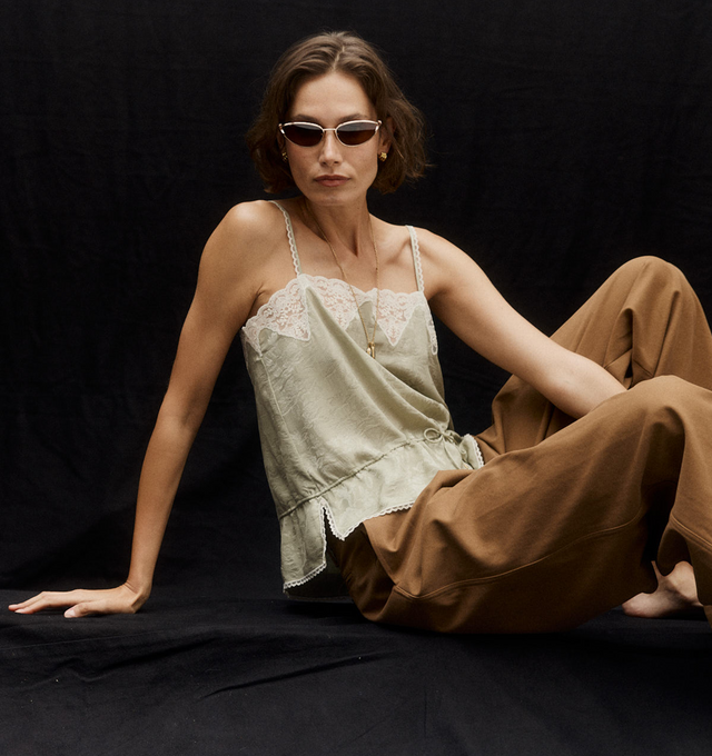 Image 2 of 4 - GREEN - Chloe Drawstring Camisole Top in silk jacquard & lace featuring lace trims and a drawstring waist finished with gold-tone metal tips. 100% silk. 