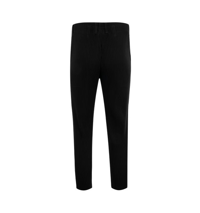 Image 2 of 3 - BLACK - Issey Miyake Basic Pants have an elastic east with a mock fly, belt loops, side pockets, and signature pleated fabric. 100% polyester.  