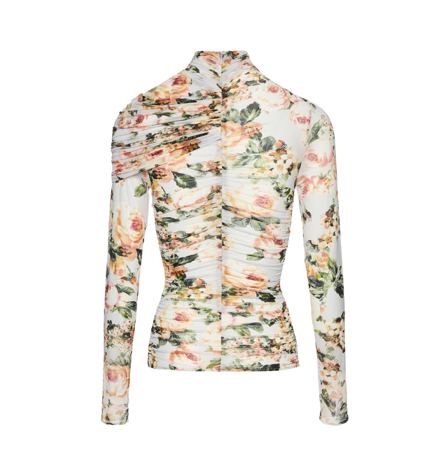 Image 2 of 2 - WHITE - MAGDA BUTRYM Ruched Cape-Effect Top in floral print featuring a fitted long-sleeve top crafted from lightweight cupro mesh with diagonal ruching across the front and sides for a sculpted silhouette, a high ruched collar, an asymmetric sheer cape overlay that drapes from the left shoulder to the right and closes with a concealed zip at the center back. 92% cupro, 8% elastane. 